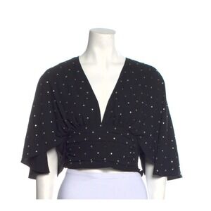 NWT Ramy Brook Black Crop Top XXS Rhinestone Polka Dot Butterfly Sleeves Cute
